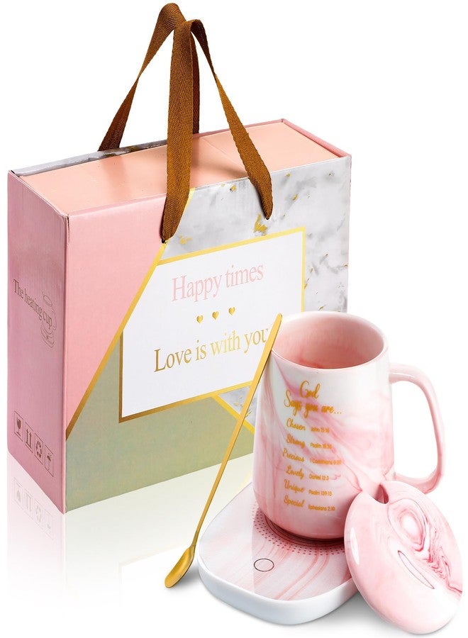 Nitial Bible Verse Coffee Mug Warmer Set for Women Pink Christian Gifts Marble Mug Warming Plate Birthday Gift Christmas Graduation Gifts for Coworker Volunteer Teacher - Image 1